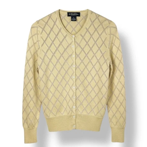 Brooks Brothers Silk Cashmere Twinset Cardigan Shell Set Yellow Argyle XS - Picture 5 of 8